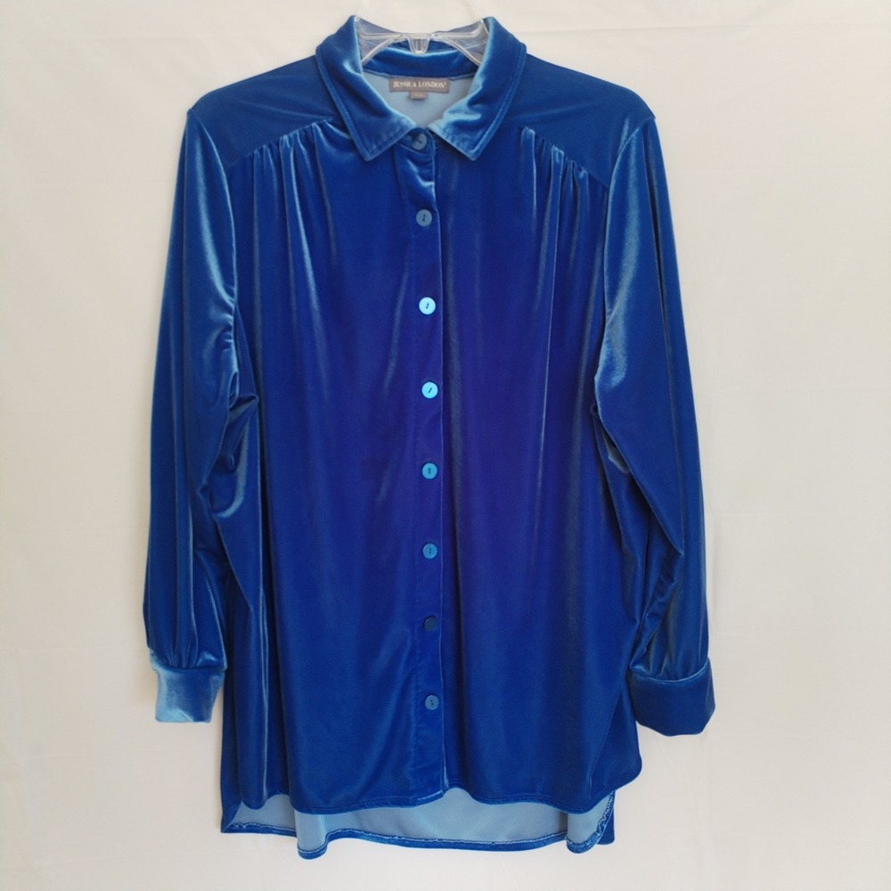 Jessica London Velour Blouse Shirt Size 22/24 Blue Stretch Button Up Long Sleeve